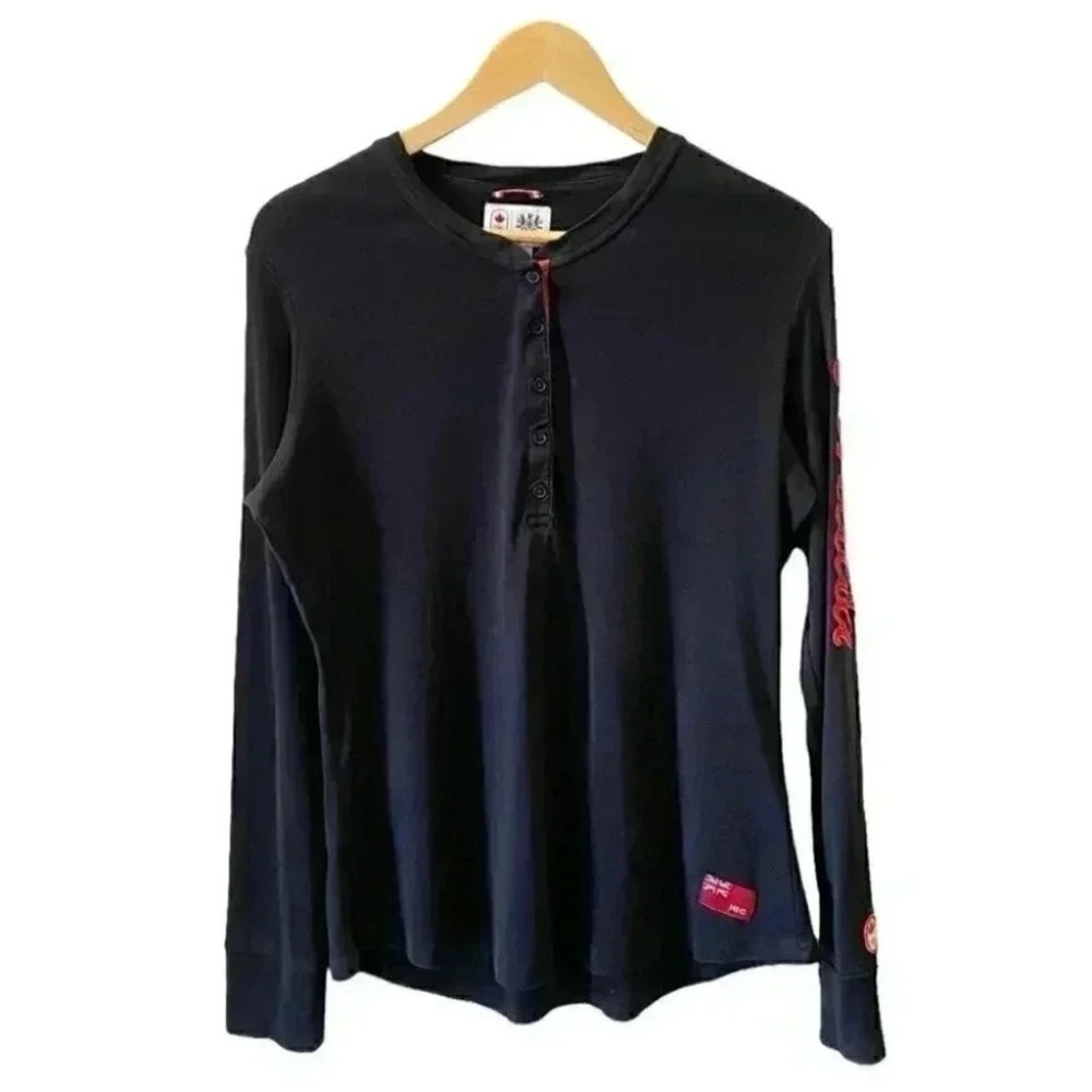 HBC Team Canada Olympic Apparel Long Sleeve Henley T-Shirt Black Red Large